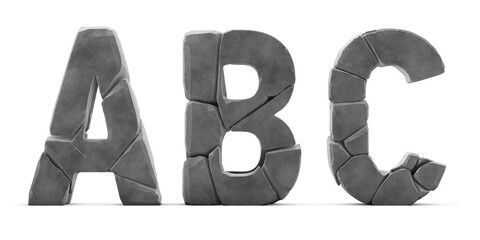 Cracked letters A B C. Letters isolated on white background. English alphabet 3D rendering. Cracked stone surface. Ice broken into pieces. Letter A, Letter B, Letter C.	
