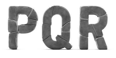 Cracked letters P Q R. Letters isolated on white background. English alphabet 3D rendering. Cracked stone surface. Stone broken into pieces. Letter P, Letter Q, Letter R	
