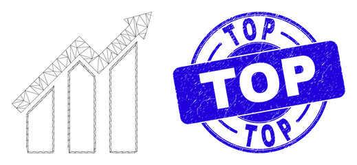 Web carcass growing trend chart icon and Top seal stamp. Blue vector round scratched seal stamp with Top text. Abstract frame mesh polygonal model created from growing trend chart icon.