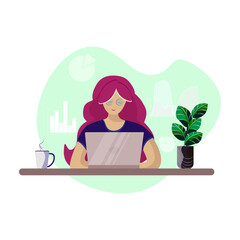 Fototapeta premium Student learning online at home. Female character sitting at desk, looking at laptop and studying