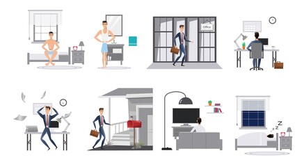 vector cartoon flat style of man day in life, office work or work from home. Day routine infographic.