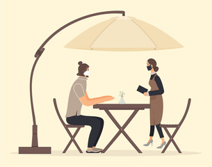 Young hipster guy sitting at table in cafe. Sportsman talking with waitress at coffee shop. Waitress holding notepad for recording сustomer order. Wooden furniture under umbrella from the sun. Vector