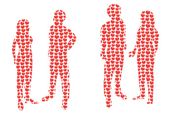 Red hearts in the shape of various people silhouettes. Concept of empathy, vitality, health care, joy, balance, wellness. Vector illustration on transparent background. 
