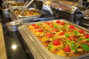 Luxury hotel restaurant open buffet self-service food appetizer presentation. 