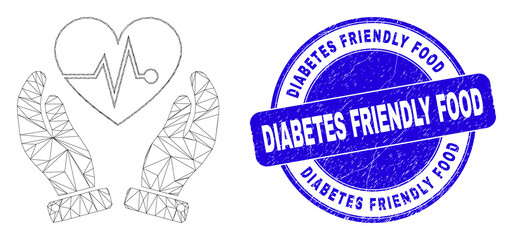 Web mesh heart surgery care hands pictogram and Diabetes Friendly Food seal stamp. Blue vector rounded distress watermark with Diabetes Friendly Food text.