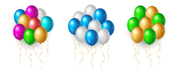 Set of flight up rainbow color helium balloons on white background. Realistic colorful design elements in red, white, golden, green, blue, pink. Vector Illustration.