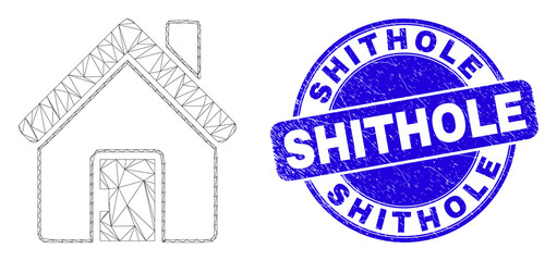 Obraz premium Web mesh home icon and Shithole stamp. Blue vector rounded scratched seal stamp with Shithole title. Abstract frame mesh polygonal model created from home pictogram.