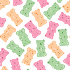 Vector seamless colorful gummy bears candies background. Sweets hand-drawn pastel pattern.