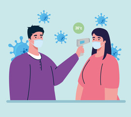 covid 19 coronavirus, man holding infrared thermometer to measure body temperature, woman check temperature vector illustration design