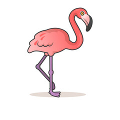 Cute cartoon flamingo. Colorful flat vector illustration with outline, isolated on white background.