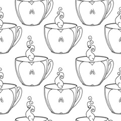 Drink and apple. Seamless pattern with cup and apple. Hot apple tea. Fruit tea. Hot tea, coffee. Suitable for textiles, wallpaper, gift wrapping, menu design, coloring for children.