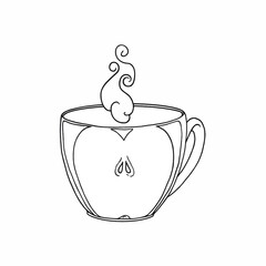 Drink and apple. Hot apple tea. Fruit tea. Hot tea, coffee. Suitable for textiles, wallpaper, gift wrapping, menu design, coloring for children, logo.
