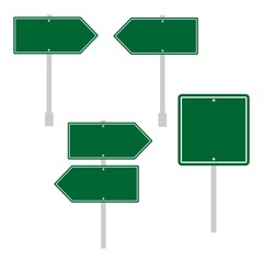 Green traffic signs. Road board text panel, mockup signage direction highway city signpost location street arrow way vector set