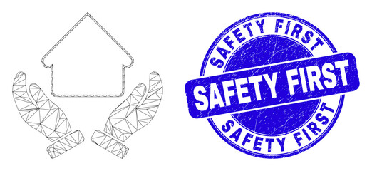 Web carcass house care hands icon and Safety First stamp. Blue vector round textured seal stamp with Safety First title. Abstract carcass mesh polygonal model created from house care hands icon.