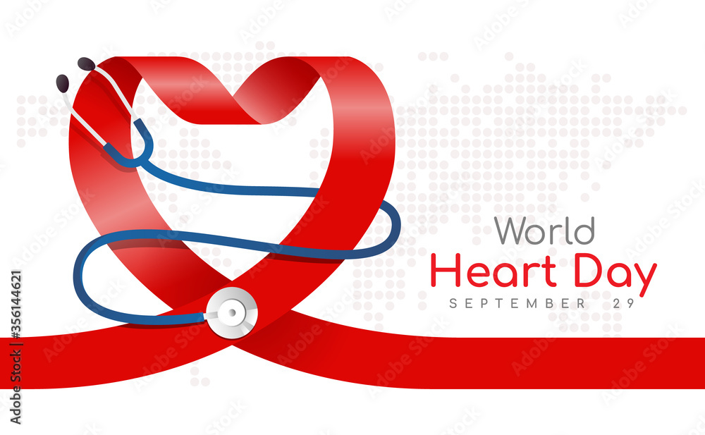Poster world heart day with stethoscope around red heart ribbon sign on dot world map texture background ve