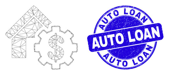 Web mesh house financial settings pictogram and Auto Loan stamp. Blue vector round grunge seal stamp with Auto Loan phrase.