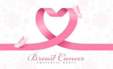 Breast cancer awareness month - pink heart ribbon sign and butterfly on flower texrture background vector design