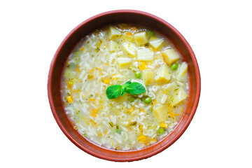 soup vegetables and pasta alphabet, peas, corn Menu concept healthy eating. food background top view copy space for text table setting keto or paleo diet