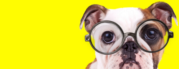 Fototapeta premium adorable english bulldog puppy with big eyes wearing glasses