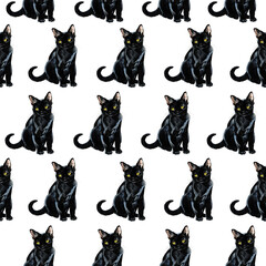 black cats seamless pattern. watercolor kitty illustration