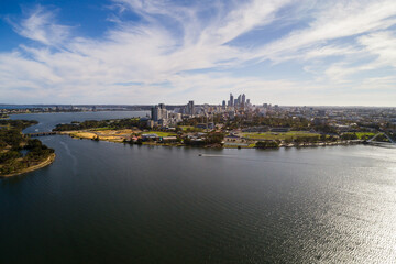 Fototapeta premium Aerial view Swan River, Heirisson Island, East Perth and Perth CBD. Perth, Western Australia