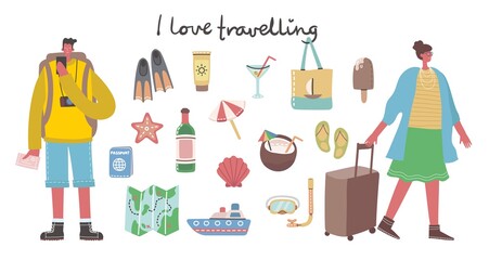 Big set of travel and summer holiday related objects and icons. Modern vector flat style illustration