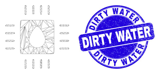 Obraz premium Web carcass liquid processor pictogram and Dirty Water stamp. Blue vector round textured stamp with Dirty Water title. Abstract carcass mesh polygonal model created from liquid processor icon.