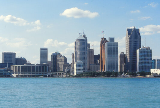 Panoramic view of Detroit skyline at daytime from Windsor, Ontario.
