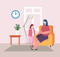 stay home, quarantine or self isolation, father and daughter wearing medical mask vector illustration design