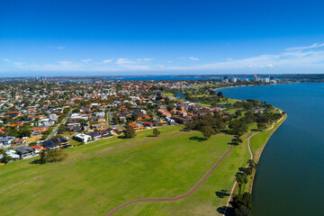 Fototapeta na wymiar Aerial View of the Residential Area on the Riverbank from Swan River in Perth, WA, Australia