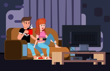 Man woman sitting sofa using tv togethe
