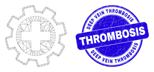 Web mesh medical service gear pictogram and Deep Vein Thrombosis seal. Blue vector rounded textured watermark with Deep Vein Thrombosis text.