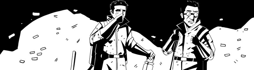 Creative digital painting of two men going for adventure in snow