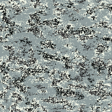 Digital urban camouflage. Seamless pattern incorporating tiny pixels of black, white and dark gray on a light gray background.