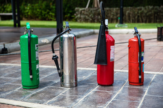 Group of type fire extinguishers tank , Emergency equipment when fire