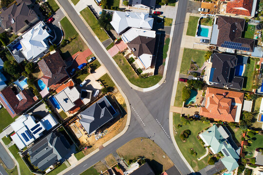 Aerial View Of Residential Homes and crossroad. Perth, WA, Australia