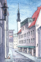 Street in sunny Tallin in watercolor illustrarion