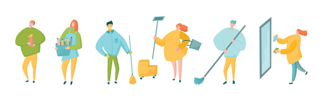 Professional cleaners housekeepers set. Wiping, spraying, vacuming, cleaning and washing.