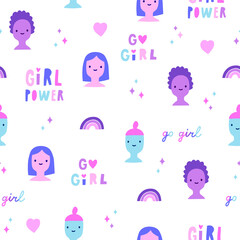 Cute girls and feminist quotes. Seamless pattern