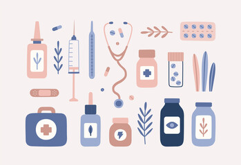 Pastel medical stuff and plants. Isolated objects