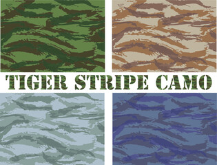 Tiger stripe camouflage. Seamless patterns.Woodland, desert, urban and navy color scheme.
