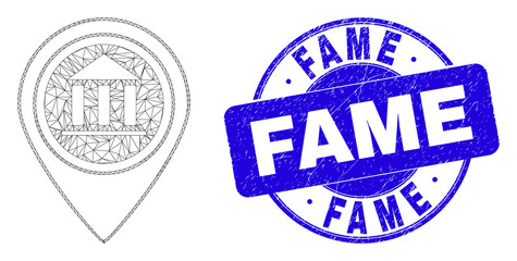 Web mesh museum map marker icon and Fame seal. Blue vector rounded grunge seal stamp with Fame title. Abstract frame mesh polygonal model created from museum map marker icon.
