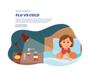 Sick girl in bed with the symptoms of cold, flu.