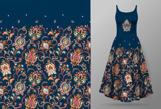 Seamless vertical fantasy flowers border pattern. Hand draw floral background on dress mockup. Vector. Traditional eastern pattern for textiles, wallpapers, decor. Bright colors on whte.