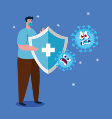 fight against coronavirus, man wearing medical mask, emoji covid 19 with facial expression and shield protection vector illustration design