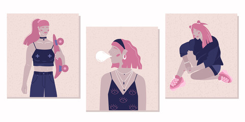 Set of trendy posters. Abstract female forms. Cheeky women in retro style with bright accents. Stylized female silhouette. Vector illustration.