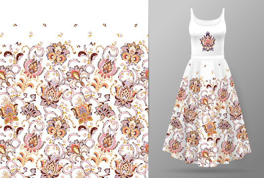 Seamless vertical fantasy flowers border pattern. Hand draw floral background on dress mockup. Vector. Traditional eastern pattern for textiles, wallpapers, decor. Bright colors on whte.