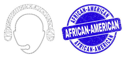 Web mesh operator head pictogram and African-American seal stamp. Blue vector round grunge stamp with African-American text. Abstract carcass mesh polygonal model created from operator head pictogram.