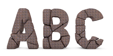 Cracked letters A B C. Letters isolated on white background. English alphabet 3D rendering. Glass surface. Ice broken into pieces. Letter A, Letter B, Letter C.	
