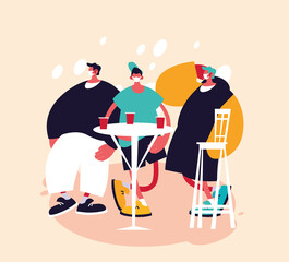 Men cartoons with masks and restaurant table with drinks vector design